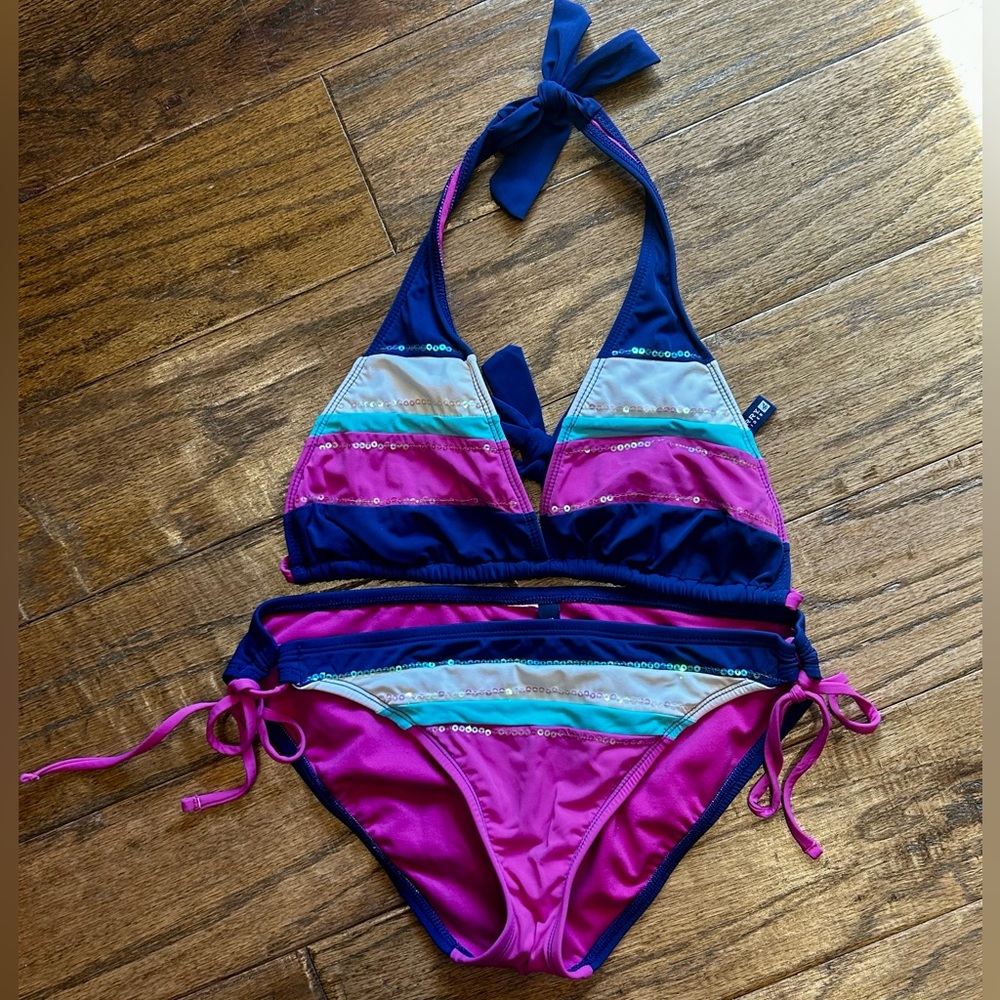 Sperry Pink, Blue, Turquoise & White Kids Bikini Set with Sequins, Size S